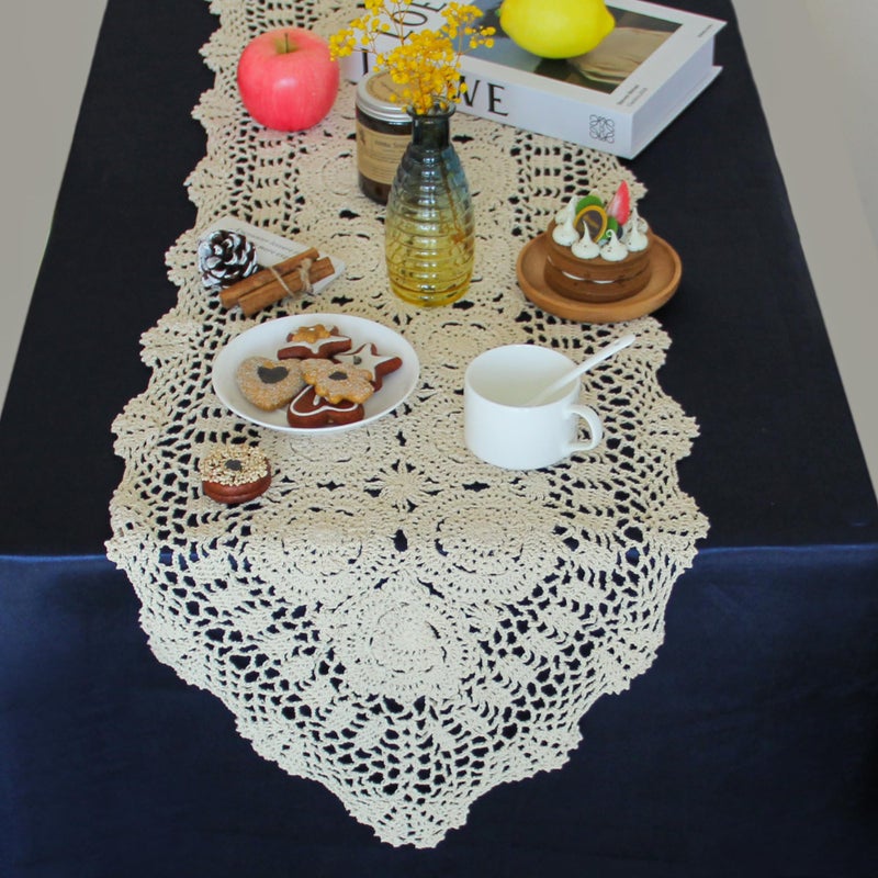 kilofly Handmade Crochet Cotton Lace Table Runner Tablecloth, 15 x 60 inch - Image 1